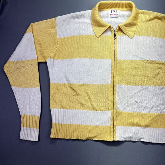 FIA Italia Sweater Women's L Handloomed White & Yellow Striped Full Zip Collared - Picture 3 of 15